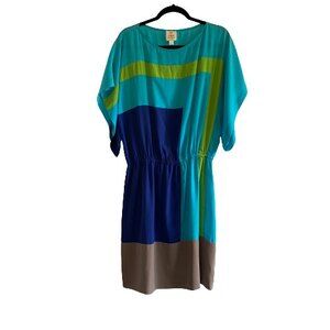 Suzi Chin for Maggy Boutique Colorblock Short Blouson Dress Blue Green size 14